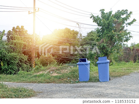 Two blue trash cans stand on the side of the road. 118533152