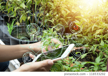 The concept of using AI and smart farming. The concept of using AI and smart farming. 118533202
