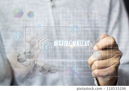 Digital Wallet concept that controls usage with blockchain and smart contacts Digital Wallet concept that controls usage with blockchain and smart contacts 118533206