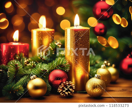 Golden christmas and New year candles with bokeh background. 118533273