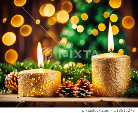 Golden christmas and New year candles with bokeh background. 118533276