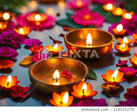 Shiny colorful floral background with illuminated Oil Lamps for Diwali celebration Shiny colorful floral background with illuminated Oil Lamps for Diwali celebration 118533279