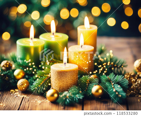 Golden christmas and New year candles with bokeh background. Golden christmas and New year candles with bokeh background. 118533280