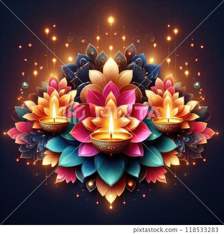 Shiny colorful floral background with illuminated Oil Lamps for Diwali celebration 118533283