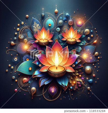 Shiny colorful floral background with illuminated Oil Lamps for Diwali celebration Shiny colorful floral background with illuminated Oil Lamps for Diwali celebration 118533284