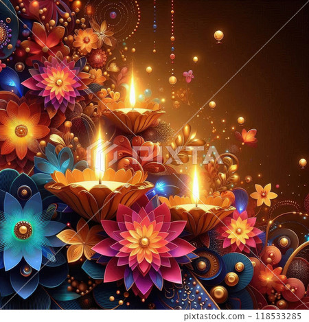 Shiny colorful floral background with illuminated Oil Lamps for Diwali celebration 118533285