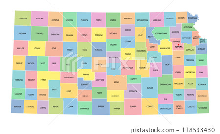 Kansas, U.S. state, subdivided into 105 counties, multi colored political map with capital Topeka, borders and county names. State in the Midwestern region of the United States. The Sunflower State. Kansas, U.S. state, subdivided into 105 counties, multi colored political map with capital Topeka, borders and county names. State in the Midwestern region of the United States. The Sunflower State. 118533430
