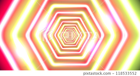Red yellow neon hexagon kaleidoscope portal Red yellow neon hexagon kaleidoscope portal 118533552