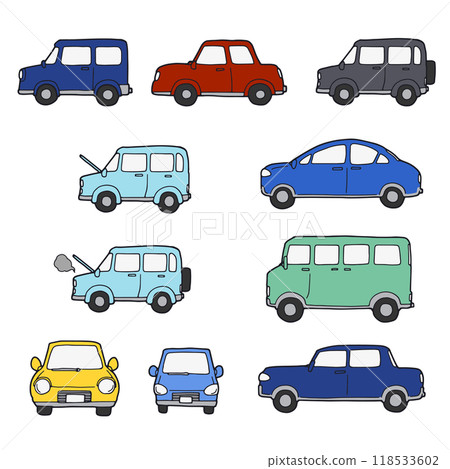 設定各種形狀和顏色的汽車的插圖 118533602