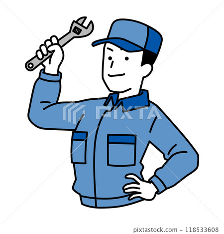 A man in overalls holding a monkey wrench 118533608
