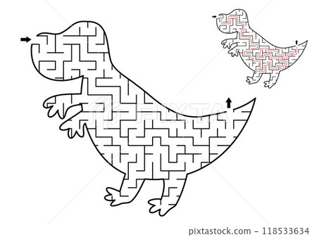 Dinosaur geometrical maze with for kids. Preschool printable activity shaped as tyrannosaurus. Dino land labyrinth game for children with T-rex. Cute prehistoric animal puzzle with answer Dinosaur geometrical maze with for kids. Preschool printable activity shaped as tyrannosaurus. Dino land labyrinth game for children with T-rex. Cute prehistoric animal puzzle with answer 118533634