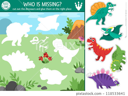 Vector dinosaur cut and glue activity. Crafting game with prehistoric world landscape. Printable worksheet. Find right piece of puzzle. Complete picture with T-rex, stegosaur, triceratops 118533641