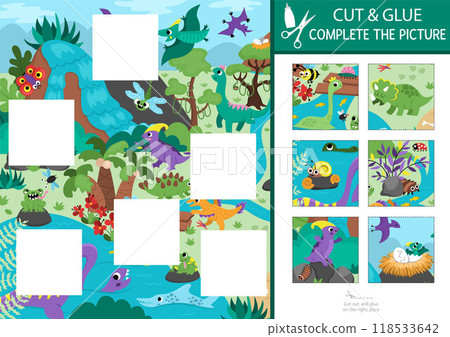 Vector dinosaur cut and glue activity. Prehistoric crafting game with cute ancient animals and dino land landscape. Fill up the scene with square sticker. Find the right piece of puzzle. Complete Vector dinosaur cut and glue activity. Prehistoric crafting game with cute ancient animals and dino land landscape. Fill up the scene with square sticker. Find the right piece of puzzle. Complete 118533642