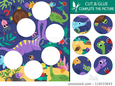 Vector dinosaur cut and glue activity. Prehistoric crafting game with cute ancient animals and ocean dino landscape. Fill up the scene with round sticker. Find right piece of puzzle. Complete picture Vector dinosaur cut and glue activity. Prehistoric crafting game with cute ancient animals and ocean dino landscape. Fill up the scene with round sticker. Find right piece of puzzle. Complete picture 118533643
