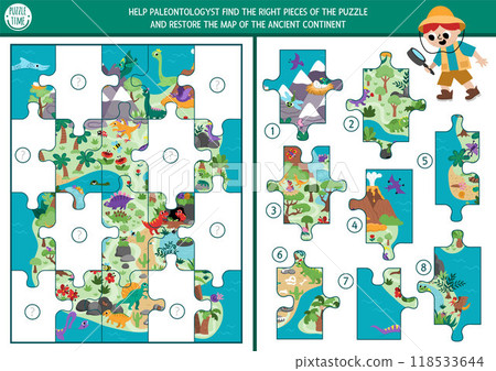 Dinosaur matching activity with prehistoric continent map shaped as jigsaw puzzle. Dino land game, printable worksheet with animals. Dino land match up page. Find missing parts of the picture Dinosaur matching activity with prehistoric continent map shaped as jigsaw puzzle. Dino land game, printable worksheet with animals. Dino land match up page. Find missing parts of the picture 118533644