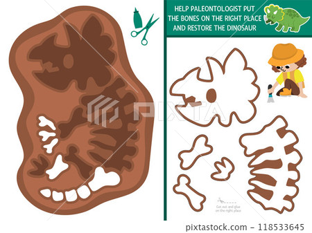 Restore the triceratops skeleton cut and glue activity. Dinosaur educational crafting game. Find missing parts. Vector dino land printable page for kids with bones. Complete picture with 118533645