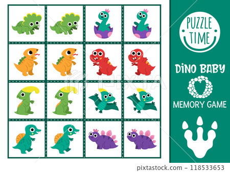 Vector baby dinosaur memory game cards with cute little T-rex, pterosaur, triceratops. Prehistoric matching activity. Remember and find correct card. Simple printable worksheet for kids 118533653