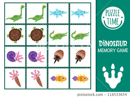 Vector water dinosaur memory game cards with cute plesiosaur, crocodile, fish, ammonite. Prehistoric matching activity. Remember and find correct card. Simple printable worksheet for kids 118533654