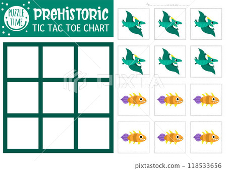 Vector dinosaur tic tac toe chart with pterosaur and fish. Prehistoric board game playing field with cute characters. Funny dino land printable worksheet. Noughts and crosses grid with pterodactyl 118533656
