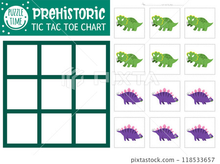 Vector dinosaur tic tac toe chart with stegosaur and triceratops. Prehistoric board game playing field with cute characters. Funny dino land printable worksheet. Noughts and crosses grid Vector dinosaur tic tac toe chart with stegosaur and triceratops. Prehistoric board game playing field with cute characters. Funny dino land printable worksheet. Noughts and crosses grid 118533657