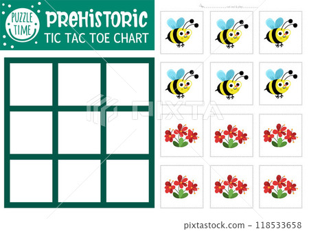 Vector dinosaur tic tac toe chart with ancient bumblebee and flower. Prehistoric board game playing field with cute insect. Funny dino land printable worksheet. Noughts and crosses grid 118533658