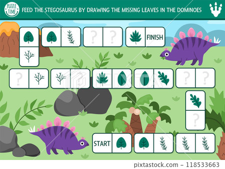 Vector dinosaur domino puzzle for kids with pictures. Simple prehistoric shape recognition quiz. Maze, drawing, matching and logic activity with stegosaur and leaves. Draw missing objects Vector dinosaur domino puzzle for kids with pictures. Simple prehistoric shape recognition quiz. Maze, drawing, matching and logic activity with stegosaur and leaves. Draw missing objects 118533663