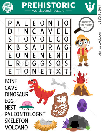 Vector simple dinosaur wordsearch puzzle for kids. Word search dino land quiz. Educational activity with paleontologist, skeleton, volcano, egg, cave, bone, nest. Cross word with prehistoric scene Vector simple dinosaur wordsearch puzzle for kids. Word search dino land quiz. Educational activity with paleontologist, skeleton, volcano, egg, cave, bone, nest. Cross word with prehistoric scene 118533667