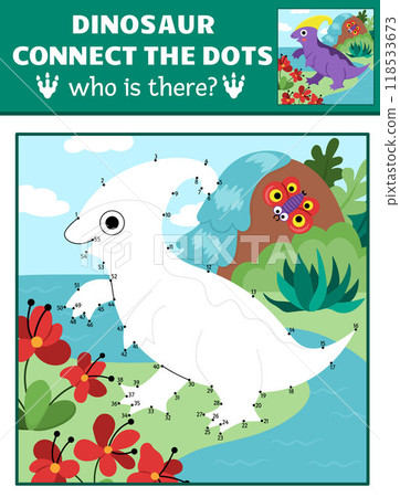 Vector dot-to-dot and color activity with parasaurolophus, colored prehistoric scene. Dinosaur connect the dots game for children with cute ancient animal. What is missing printable worksheet 118533673