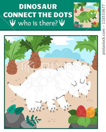 Vector dot-to-dot and color activity with triceratops, colored prehistoric scene. Dinosaur connect the dots game for children with cute ancient animal. What is missing printable worksheet 118533677