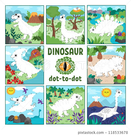 Vector dot-to-dot and color activity set with colored prehistoric scene. Dinosaur connect the dots game for children with cute ancient animal. What is missing printable worksheet collection 118533678
