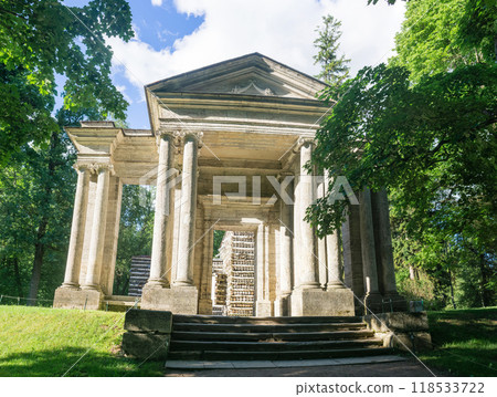 Great Gatchina Palace park. The antique portal Mask leading to a Birch Hut 118533722