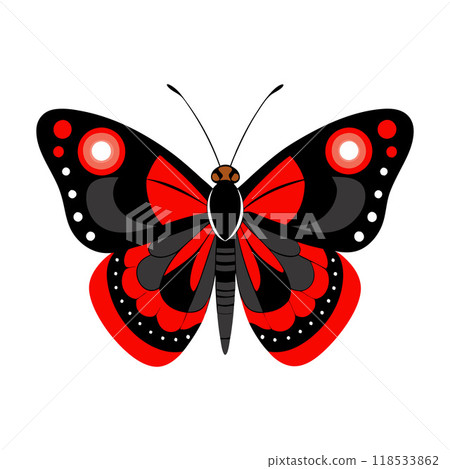 A red and black butterfly with white dots on its wings 118533862