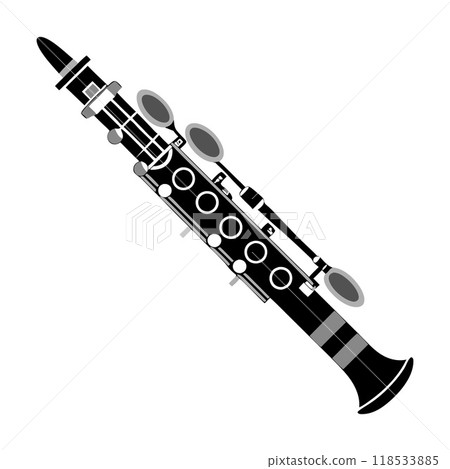 A black and white image of a clarinet 118533885