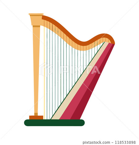 A long, curved, red, and green stringed instrument 118533898