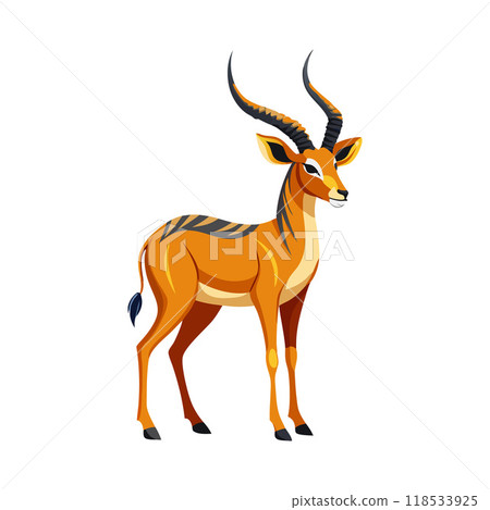 A large, horned animal with a long neck stands on a white background A large, horned animal with a long neck stands on a white background 118533925