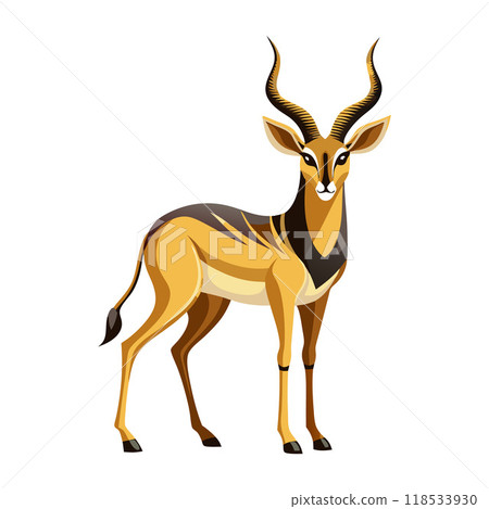 A giraffe with a long neck and horns stands in front of a white background 118533930