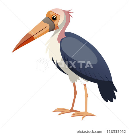 A cartoon bird with a long beak stands on its legs A cartoon bird with a long beak stands on its legs 118533932