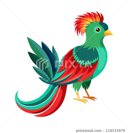 A colorful bird with a red head and green body stands on a white background 118533979