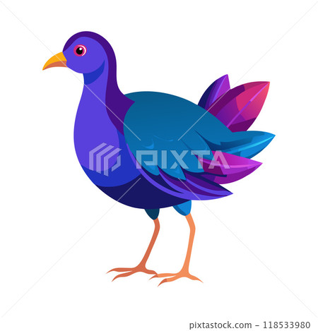 A blue and purple bird with a yellow beak stands on a white background A blue and purple bird with a yellow beak stands on a white background 118533980