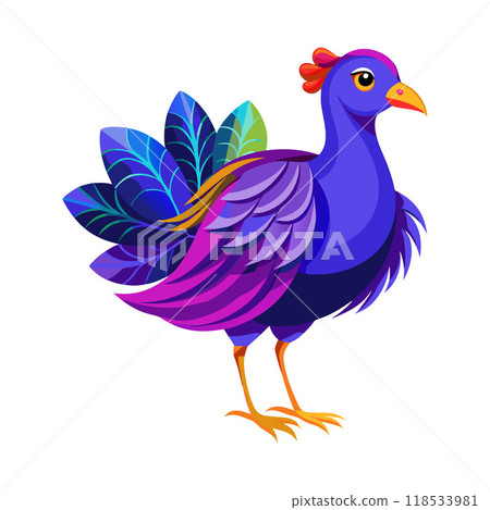A colorful bird with a blue head and red beak stands on a white background A colorful bird with a blue head and red beak stands on a white background 118533981