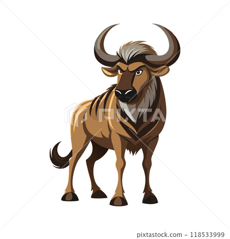 A cartoonish image of a brown and white wildebeest with horns A cartoonish image of a brown and white wildebeest with horns 118533999