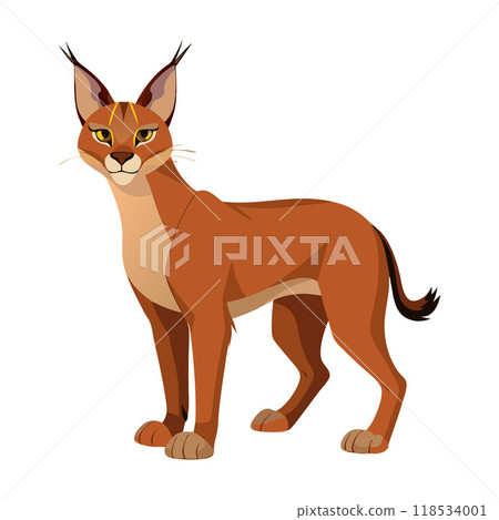 A cartoon cat with a yellow stripe on its face stands on a white background 118534001
