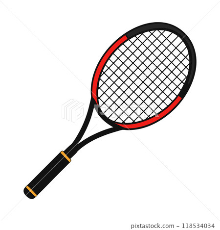 A tennis racket with a black handle and red strings A tennis racket with a black handle and red strings 118534034