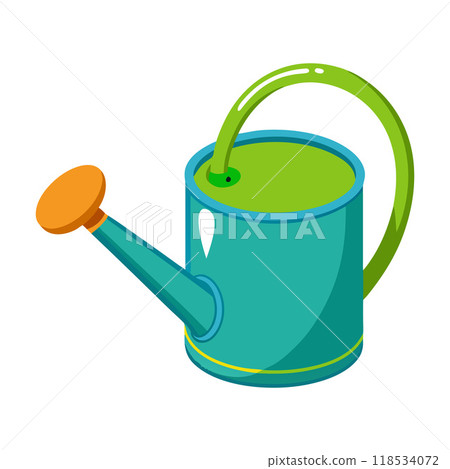 A green and blue watering can with a yellow handle A green and blue watering can with a yellow handle 118534072