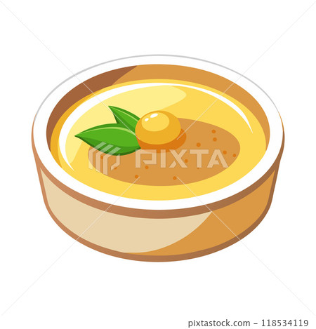 A bowl of food with a green leaf on top and a small orange ball 118534119
