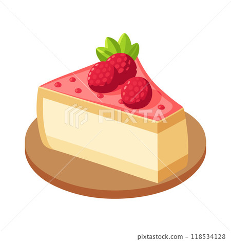 A slice of strawberry cheesecake with raspberries on top 118534128