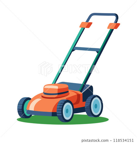 A lawn mower with a green handle and orange body 118534151