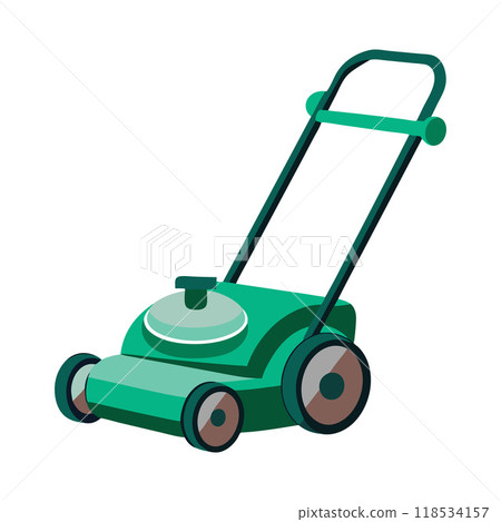 A green lawn mower with a green handle and a green engine 118534157