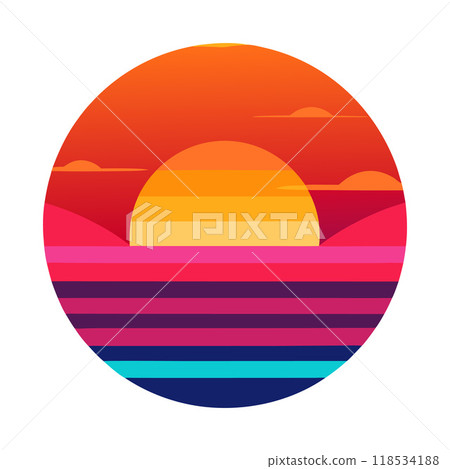 A colorful sun is rising over the ocean, with a blue 118534188