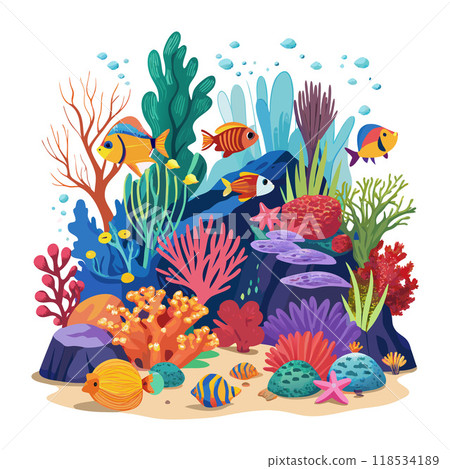 A colorful underwater scene with a variety of fish and coral 118534189
